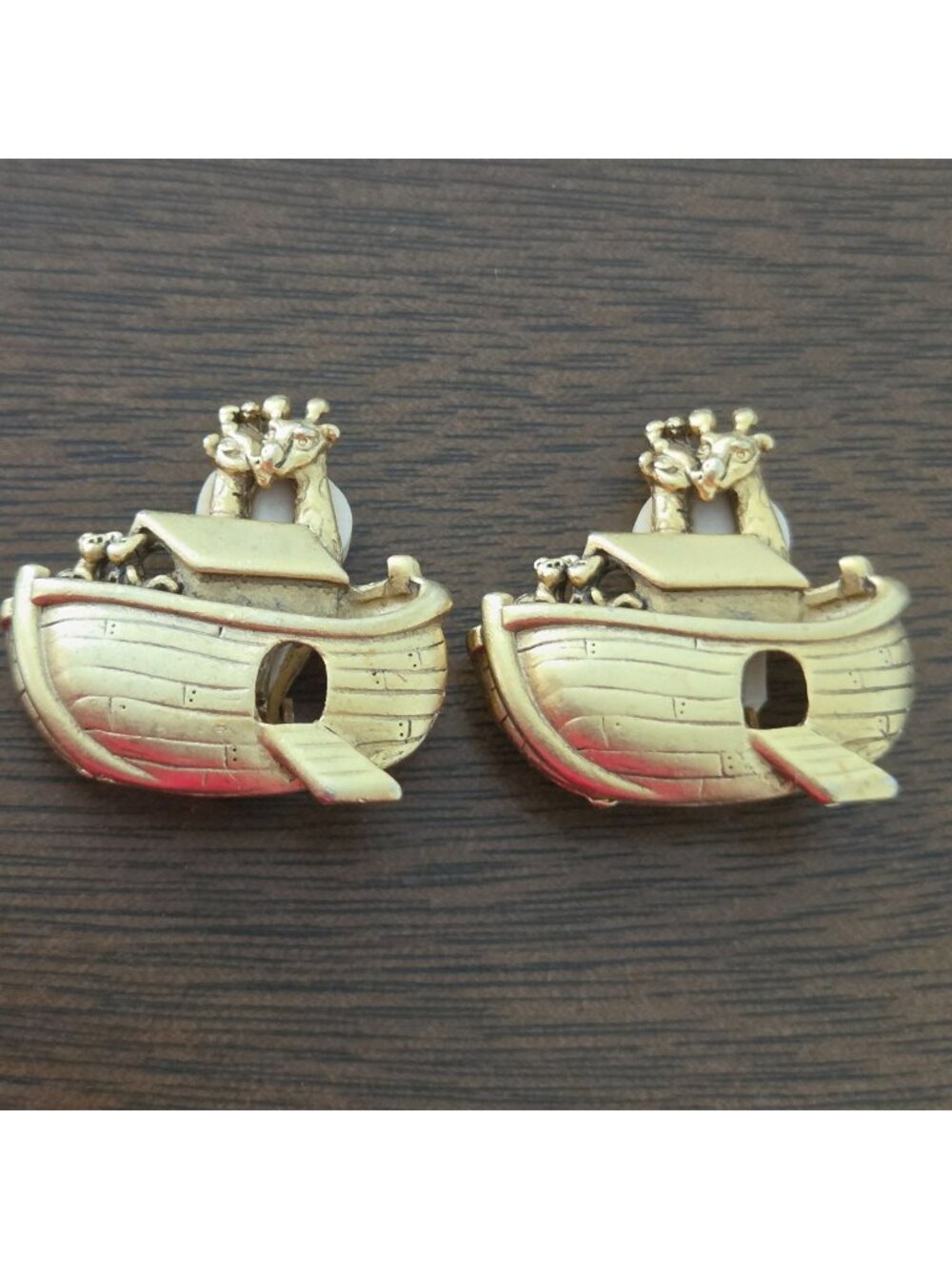 AJC Vintage Gold Tone Noah's Ark Clip On Earrings